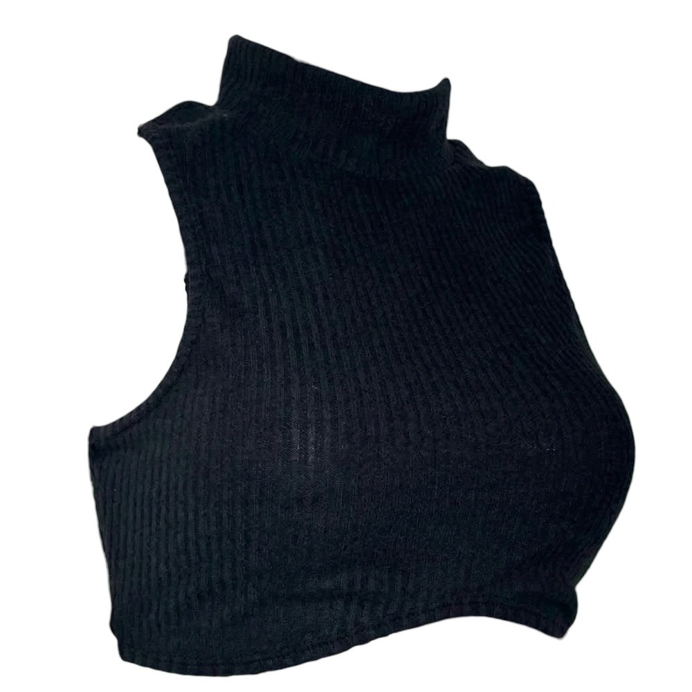NWT Black XS Ribbed Curved Hem High Neck Crop Top Blouse Sleeveless‎ Tank